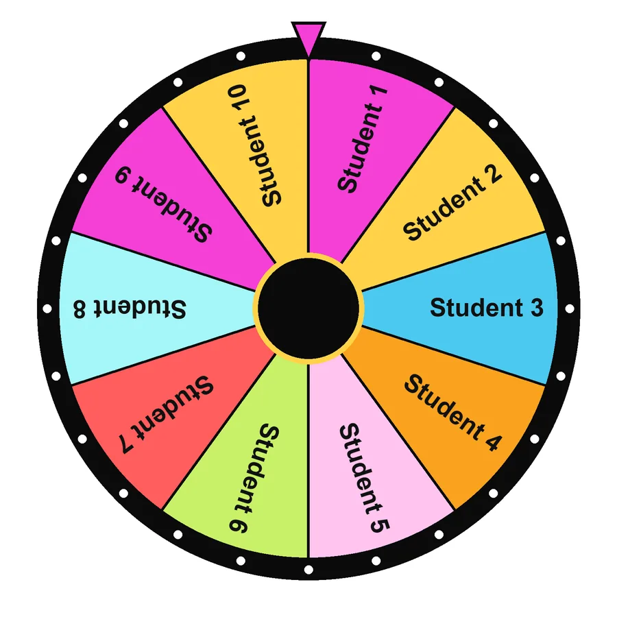 Classroom Name Picker Wheel with the Starter preset loaded: Student 1, Student 2, Student 3, Student 4…