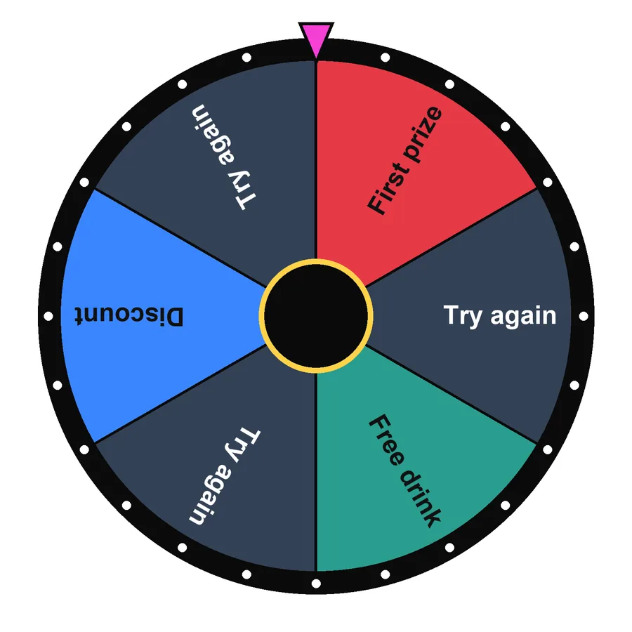 Custom Wheel Maker, Make a Spinner with the Starter preset loaded: First prize, Try again, Free drink, Try again…