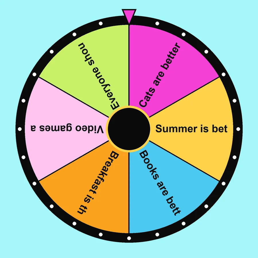 Debate Topic Wheel with the Easy preset loaded: Cats are better than dogs, Summer is better than winter, Books are better than films, Breakfast is the most important meal…
