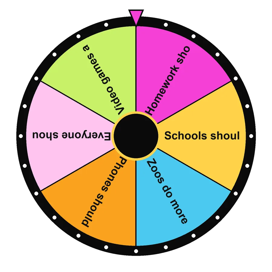 Debate Topic Wheel with the Starter preset loaded: Homework should be banned, Schools should have a 4-day week, Zoos do more good than harm, Phones should be allowed in class…