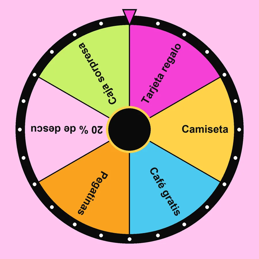 Ruleta de sorteo online con la plantilla «Premios»: Tarjeta regalo, Camiseta, Café gratis, Pegatinas…