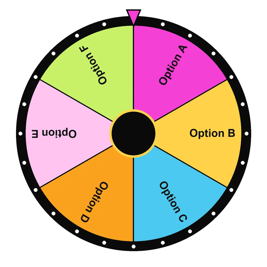 Random Picker & Randomizer Wheel with the Starter preset loaded: Option A, Option B, Option C, Option D…